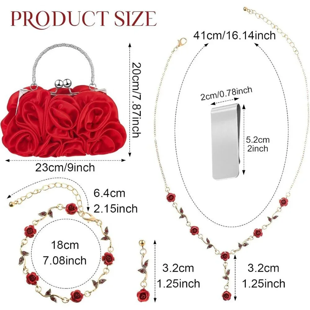 Women Rose Clutch Purse Jewelry Set Satin Evening Handbag Accessories Gift